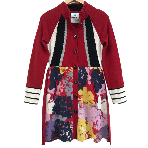 Anthropologie Sweaters - Anthro Sparrow Red Floral Knit SweaterCoat Sz S